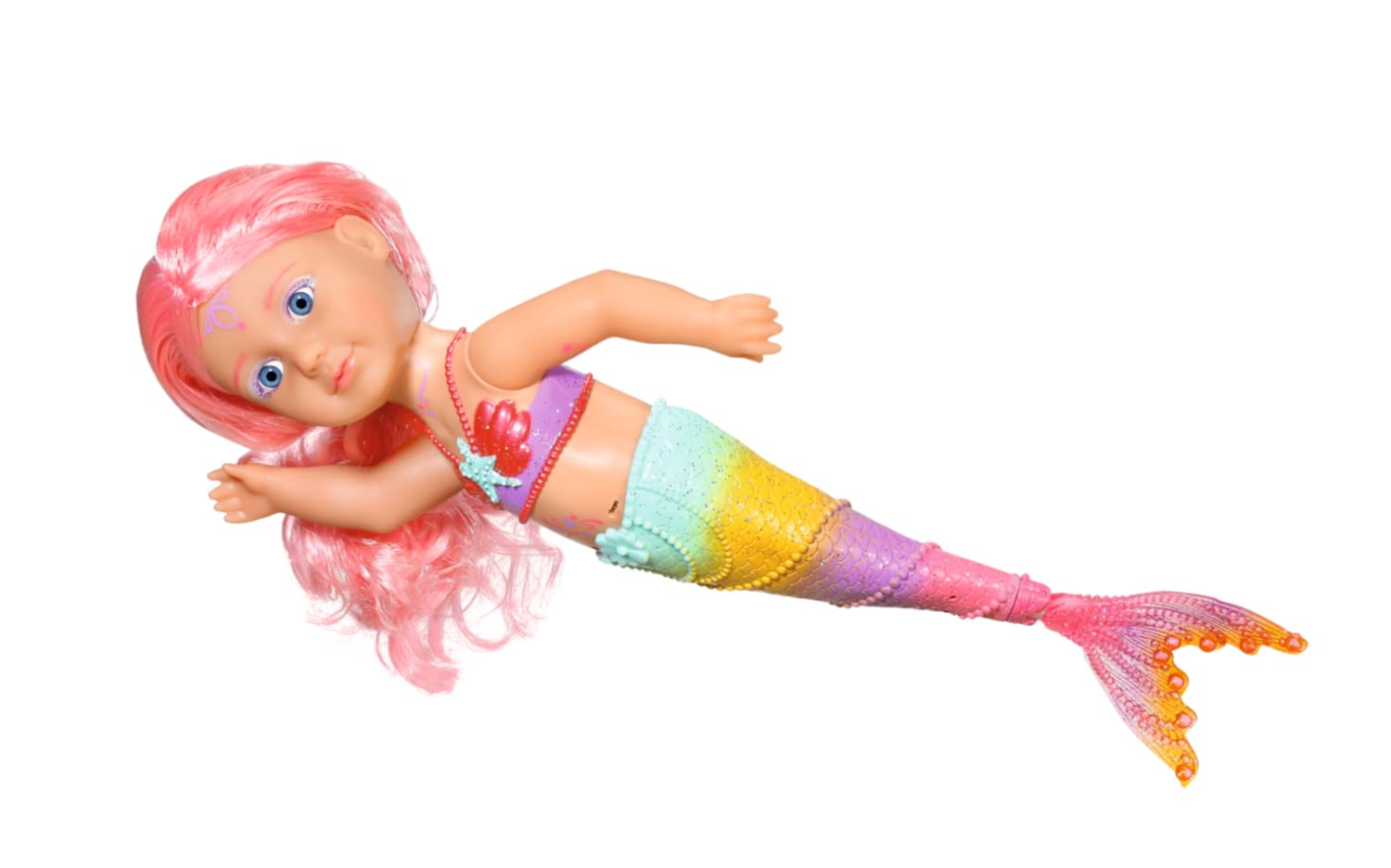 BABY born Zapf Creation 835357 Little Sister Meerjungfrau 46cm - Meerjungfrauen-Puppe Langen Haaren, schimmt durchs Wasser mit beweglicher Glitzer-Flosse, inkl. Diadem & Kamm.