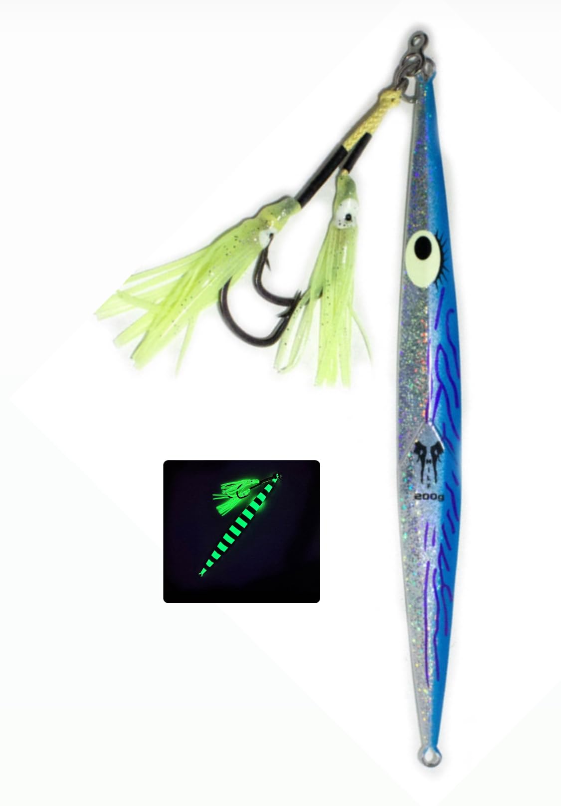 Amazon.com : Man I Love Fishing Jigs Fast Pitch Slow Pitch Vertical Knife  Jig Jigging 200 Grams Glow 200g Fully Rigged with Assist Hooks with Glow  Squids. Ultimate Speed JIG (Bonita (Blue