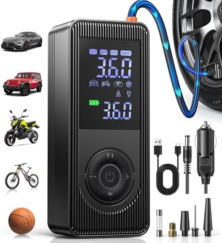Fshyos Elektrische Luftpumpe,150PSI/10,3 BAR elektrisch Fahrradpumpe Tragbare Akku 12v Kompressor mit Digital LED-Licht Voreingestellter Reifendruck Auto-Stopp für alle Fahrräder M
