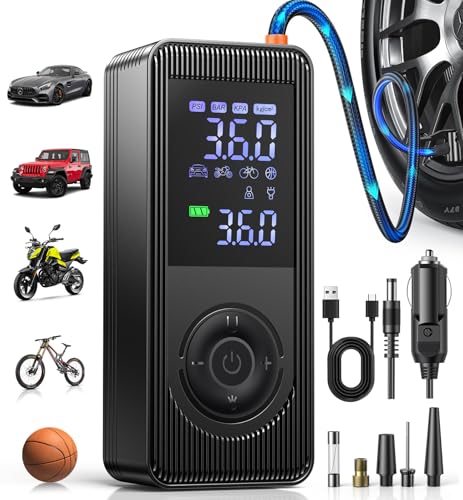 Fshyos Tyre Inflator Air Compressor 150PSI Portable Car Cordless Rechargeable Tyre Pump with Pressure Gauge 12V DC Electric Car Air Pump Auto Shutoff with LED Light for Car Motorcycle Bicycle Ball