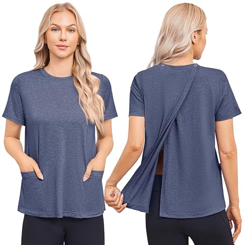 Deyeek Post Surgery Shirts for Women Short Sleeve Open Back Top with Pocket Hospital Adaptive Shirts for Back Surgery Recovery Blue Purple