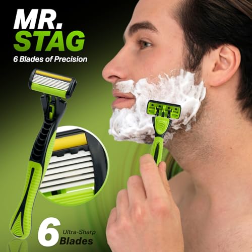 Image of Mr. Stag Beast 6-Edge Razor for Men with 1 Handle & 2 Cartridges, Aloe Vera & Vitamin E Lubrication Strip, Stainless Steel Design for Smooth, Comfortable Shaving Razor | Daily Care (Green, Pack of 3)