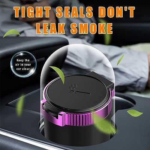 Image of Kewucn Car Ashtray with Lid, Portable & Detachable Smokeless Ashtray, Mini Vehicle Stainless Steel Trash Can with LED Blue Light, Universal Accessories Fits Most Auto Cup Holder (Purple)