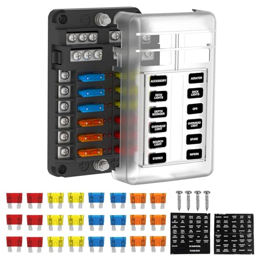 UCkasayfy 12 Way Fuse Box 12V/24V DC ATC/ATO Fuse Block with 24 pcs Fuses LED Indicator Negative Bus for Automotive, Car, Boat, RV, Truck, Marine