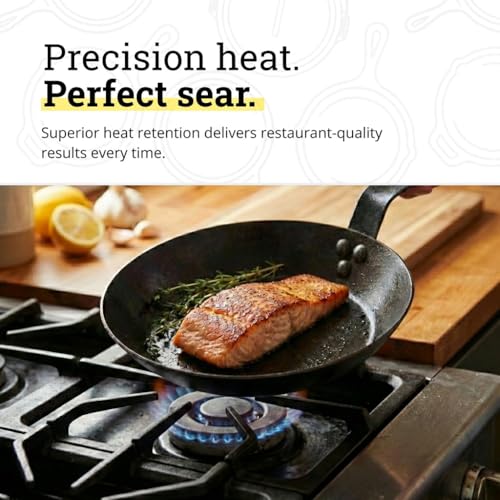 Image of Lodge Seasoned Carbon Steel Skillet - Lightweight High Heat Frying Pan with Long Handle - Quick Temperature Response - Ideal for Searing & Sauteing - 8 Inches