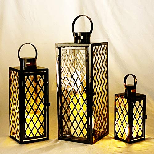Image of allgala Lantern Jumbo Deluxe Modern Indoor /Outdoor Candle Stainless Steel Rectangular Frame with Lattice Grid Tempered Glass for Garden Poolside Fireplace Wedding (Pack of 3, 12 Inch, Black)
