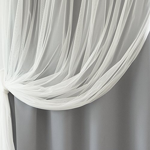 Best Home Fashion Mix & Match Tulle Sheer with Attached Valance & Solid Blackout Curtain Set – Stainless Steel Nickel Grommet Top – Grey – 52"W x 84"L – (2 Curtains and 2 Sheer curtains)
