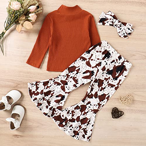 Camiseta infantil de manga comprida com nervuras e estampa de leopardo, calça de sino, faixa de cabe