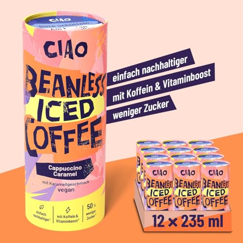Ciao Coffee Eiskaffee Cappuccino 12×235 ml | Aus europäischem Getreide I Koffeinkick wie Espresso (90 mg) | 50% weniger Zucker & Funktionaler Vitaminkick – Ohne Kaffeebohnen (12 Pack, Karamell)