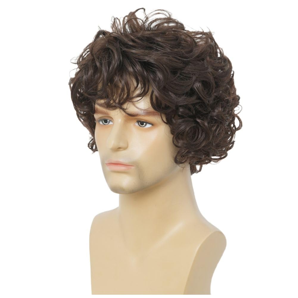 Mens Brown Short Curly Wig Synthetic Heat Resistant Hair Wigs for Male Cosplay Halloween Daily Guy - Image 4