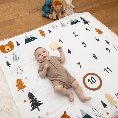 Image of Pondering Pine Organic Baby Monthly Milestone Blanket Boy - Growth Age Blanket for 1-12 Months Milestones with Month Marker Frame and Newborn Announcement Disc, Woodland, Bear, 47 inchx47 inch