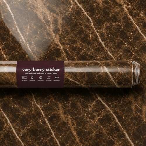 Image of Very Berry Sticker Marble Contact Paper (Brown, 24 inch x 118 inch, 1 Pack) | Authentic marble pattern, Thick, Waterproof, Laminate vinyl, Self adhesive, Peel and stick wrap, For countertop and wall