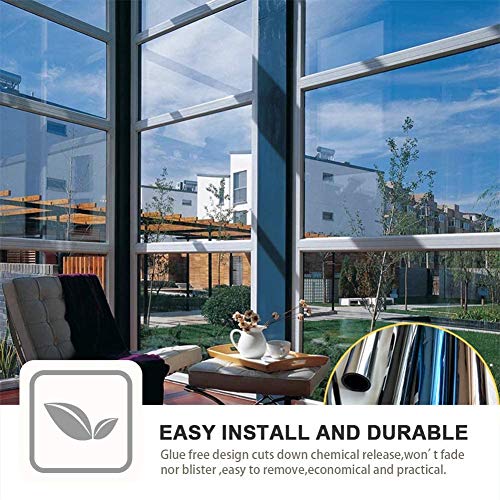 Window Privacy Film One Way Daytime Mirror Tint Treatments UV Heat Control Vinyl Stickers Sun Block Glass Paper Door Covering Reflective (Blue Silver, 17.5 Inch x 7.8 Feet)
