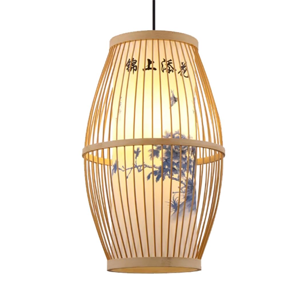 CWVYKNP Chinese Style Ceiling Suspended Lighting with Pattern Geometric Bamboo Bulb Guard Pendant Light Fixtures Wood Lantern Lampshade Over Table for Kitchen Island, Living Room