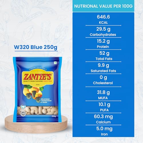 Image of Zantye's W320 Goa Cashew Nuts 250g, Handpicked Whole Kaju, GI Tagged Authentic Goan Dry Fruit, Nitrogen Sealed Premium Cashews Trial Pack for Snacking and Gifting - Since 1928