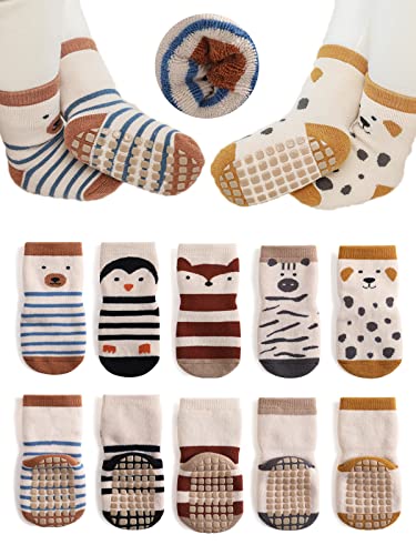 Image of BEHELE Baby Non-skid Grip Socks Toddler Socks Warm Thick Anti Skid Slipper Crew Socks for Girls Boys Newborn Infant