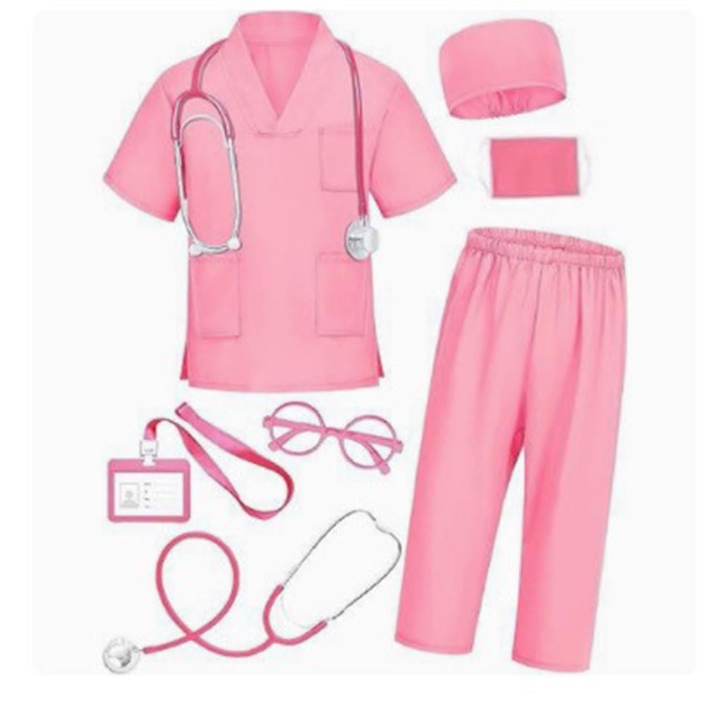 Aomig 7PCS Kids Doctor Costume Girls Nurse Scrubs Nurse Suit Kit Uniform Dress Up for Halloween World Book Day Cosplay(130)