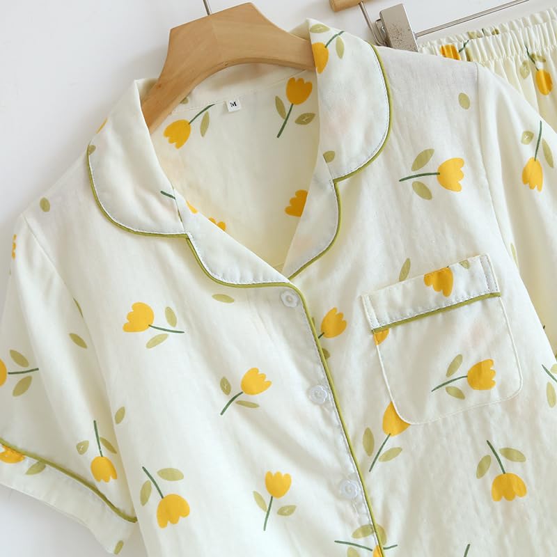 Womens 3pcs Cotton Gauze Pajama Set Short Sleeve Sleepwear Floral Print Cute Pj Set with Long Pants3