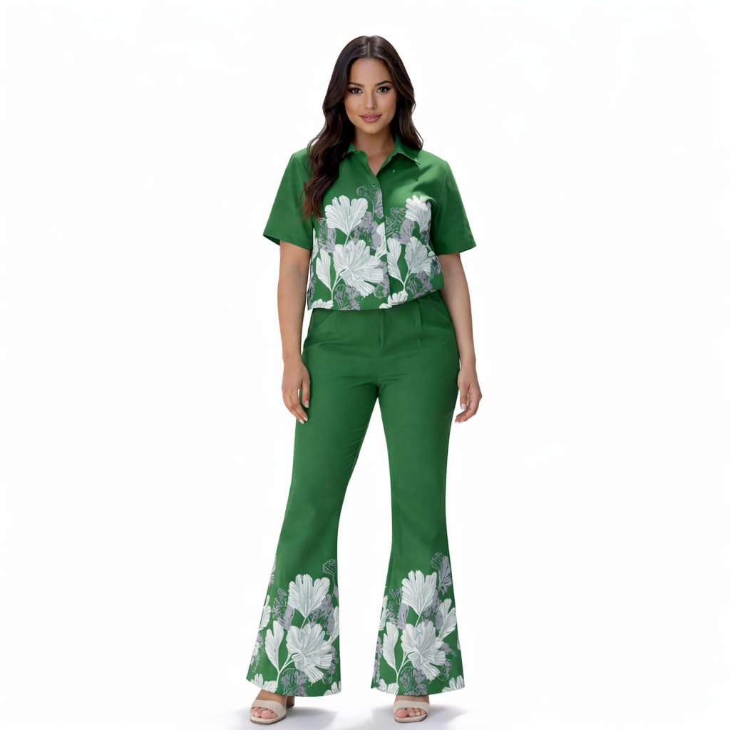 zivana fashion Women Green Floral Co-Ord Set - Short Sleeve Shirt Top & High Waist Flared Pants - Printed Matching Set - Casual Outfit-picture-12
