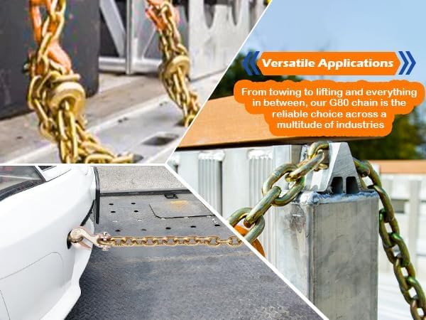 G80 Transport Binder Chain 1/4 Inch x 10 Feet, Equipped with G80 Chain Grab Hook, Grade 80 Tow with Hooks, 3,300 lbs Working Load Limit Trailer Safety Chains for 5/16" Ratchet Binder, Towing - Image 6