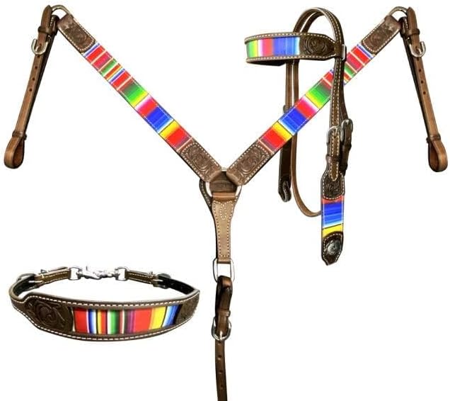 Showman Rainbow Serape Print Browband Leather Headstall & Breast Collar Set