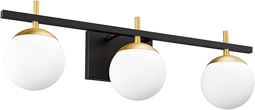 Ralbay Luces de tocador modernas de mediados de siglo con 3 luces de vidrio lechoso sobre espejo, lámpara de pared negra y dorada para baño (excluye