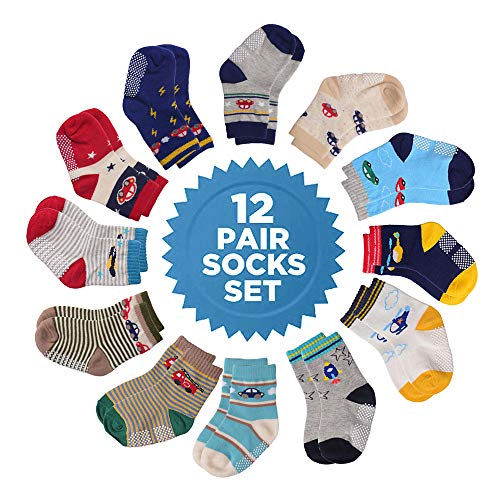Image of Tphon 12 Pairs Toddler Non Skid Socks with Grips Anti Slip Bottom, Cotton Non Slip Ankle Crew Socks for Boys, Girls, Kids(1-7Years)