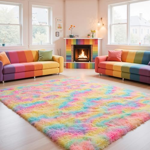 Zentavio Unicorn Rugs for Girls Room 6x9 Area Rugs for Living Room Carpet for Bedroom Washable Soft Fluffy Shag Aesthetic Plush High Pile Throw Rug for Nursery Kids Room Dorm Room Rainbow