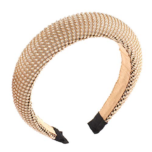 Padded Rhinestone Headband Bejewelled Wide Rhinestone Embellished Statement Hairband Hair Hoop Hair Accessories for Women (Gold)