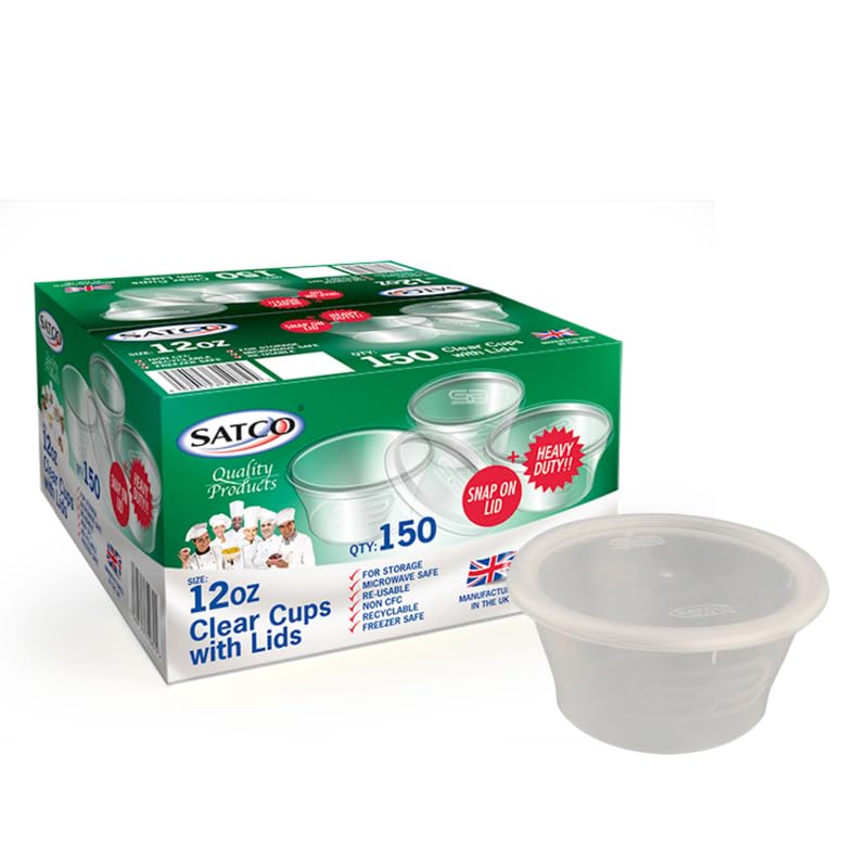 FR Enterprises Satco 12oz Reusable Plastic Sauce Cups with Lids | Small Portion Pots for Dips, Sauces & Dressings | Leakproof Clear Food Containers for Takeaway, Meal Prep & Catering (Pack of 50)