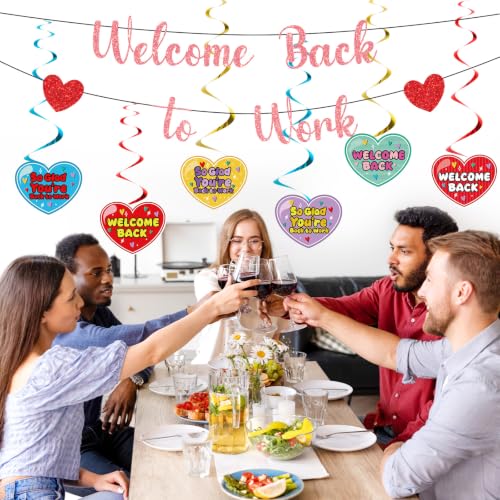 Image of Welcome Back To Work Decoration Banner So Glad You're Back To Work Banner and Hanging Swirls for Office Party Supplies - Rose Gold