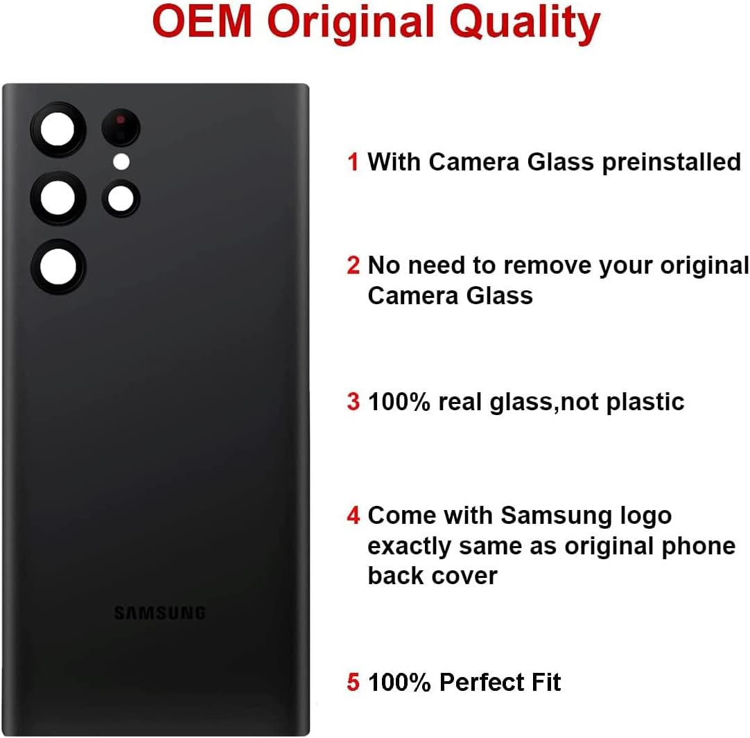 rear back glass replacement for samsung galaxy s22 ultra 6.8 inches 5g with reparing toolkit and pre-installed adhesive (phantom black)