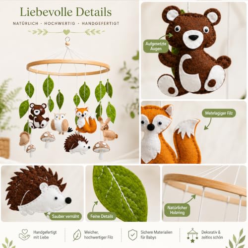 Baby Mobile Halterung Holz,Mobile Waldtiere, Tierchen Waldtiere Bettglocke aus Filz Babybett Bettglocke Anhänger Mobile Babyzimmer Deko… – Ansicht 3