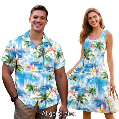 Image of Dreaweet Summer Dresses for Women A-Line Sleeveless Flowy Sun Dresses,Men's Casual Button-Down Shirts,Couple Matching Outfits