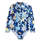 Long Sleeve Swimsuit for Girls, One Piece Rash Guard Bathing Suit UPF 50+,Leaf Floral Pattern 7T