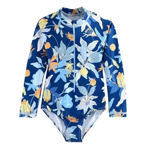Image of Kids Girls Rash Guard Long Sleeve One Piece Swimsuits Zipper Bathing Suits UPF 50+ Tropical Plant Flowers Ages 3-12