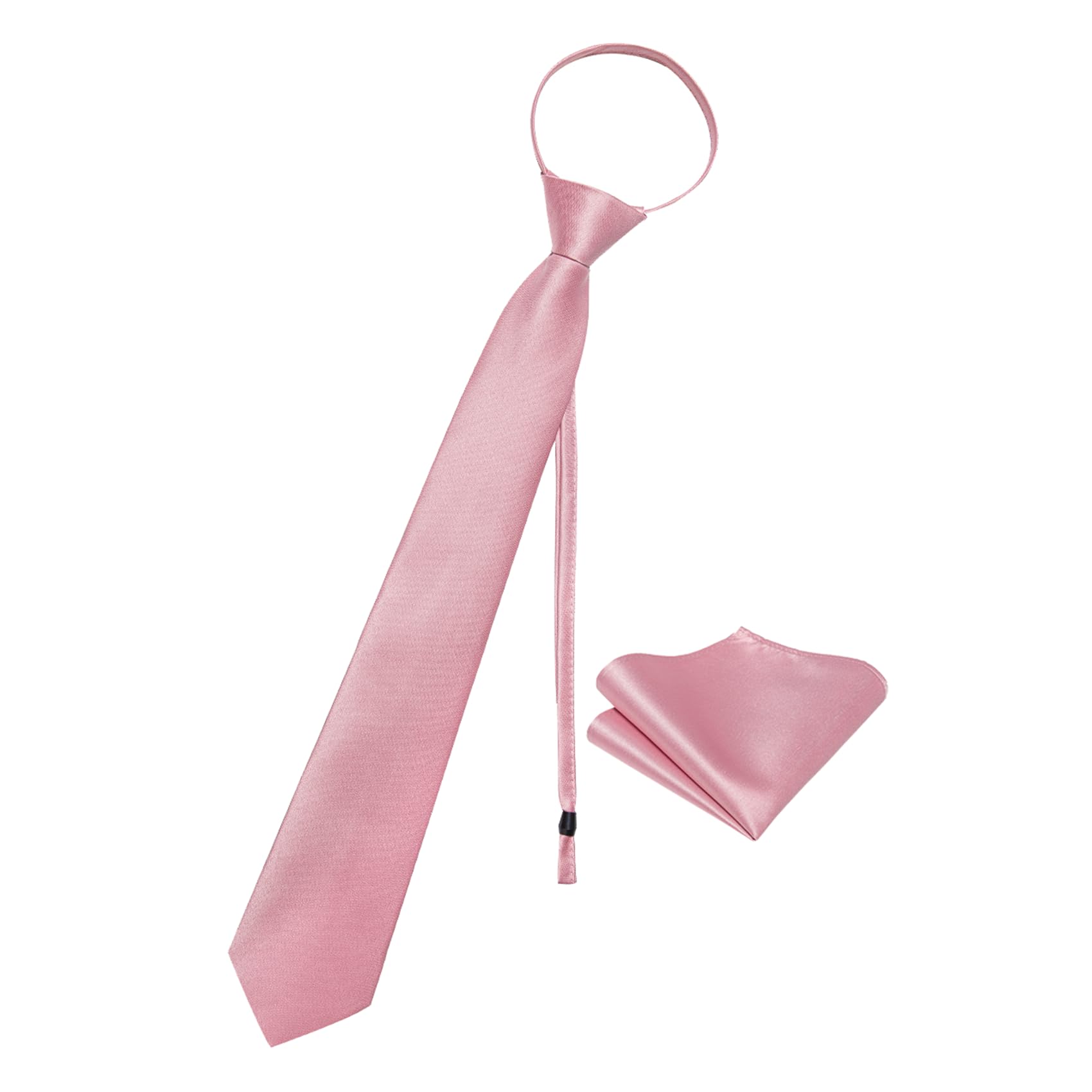 Zipper Tie for Men Adjustable Pre-tied Satin Neckties and Pocket Square Set Solid Color Business Formal Wedding