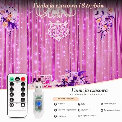 Yizhet Kurtyna świetlna 3m x 3m, łańcuch świetlny z 8 trybami, 300 Led