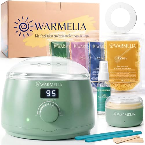 Warmelia Kit Épilation 2-en-1 – Chauffe-Cire Premium + Mini Chauffe-Cire Visage – 400g de Cire Pelable Sans Bande – Perles de Cire Chaude – Spatules en Silicone – Idéal Zones Larges & Précises