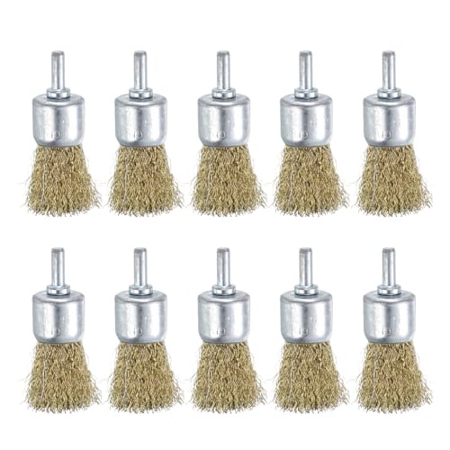 Image of uxcell 10pcs Wire Brush for Drill 1 inch Dia. Abrasive Wire Wheel 1 /4 inch Round Shank Carbon Steel Cup Brush Coarse Crimped Drill Attachment for Cleaning Rust Paint Abrasive