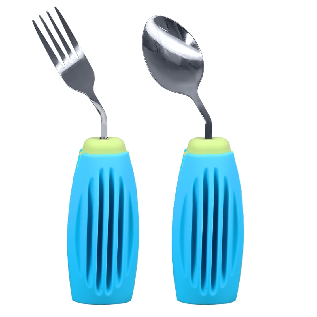 Ensemble de couverts épais, solides, lestés et adaptatifs, cuillères à soupe et fourchette antidérapantes pour tremblements de main, arthrite, parkinson, personnes âgées et adultes (vert et bleu