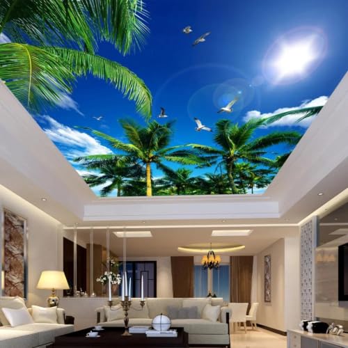 Papier peint 3D plafond cocotiers anti-reflet pour grand salon moderne