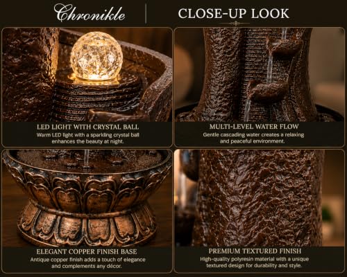 Image of Indoor Water Fountain for Home Decor with Crystal Ball & Yellow LED Light | Cascading Tabletop Waterfall Fountain with Water Controller Pump | Brown & Copper Polyresin Decorative Fountain 16.5 x 10 In