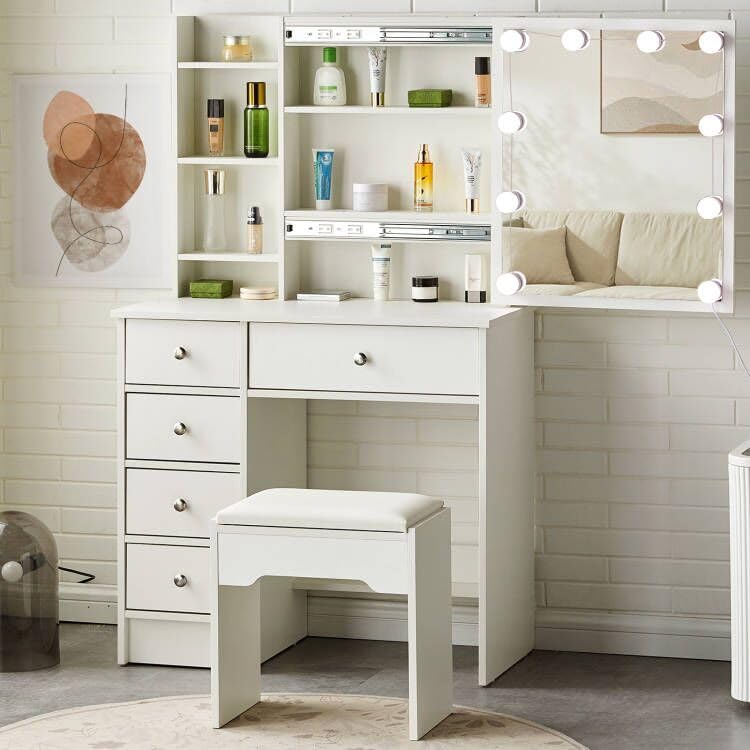 TUKAILAi Tocador de Maquillaje con Luz LED y Taburete, Escritorio de Maquillaje con 5 Cajones, Mesa de Tocador con Espejo Deslizante y 3 Estantes Blanco, Mueble de Dormitorio de Estilo Moderno
