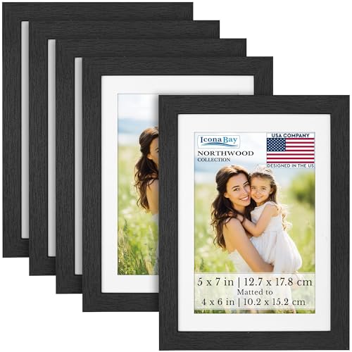 5x7 Black Picture Frames, Removable Mat for 4x6 Photos, 5 Pack, Northwood
