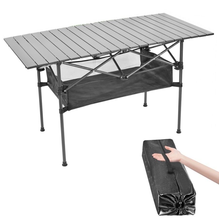 TCTNT Portable Camping Folding Table, Aluminium Roll-Up with Mesh Storage Shelf, 95x55x70cm, Black