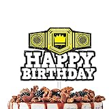 Gold Glitter Championship Ring Happy Birthday Cake Topper Cheer to Wrestling Belt Fitness Sports Theme Decorations Men Boys Birthday Anniversary Party Decor Supplies