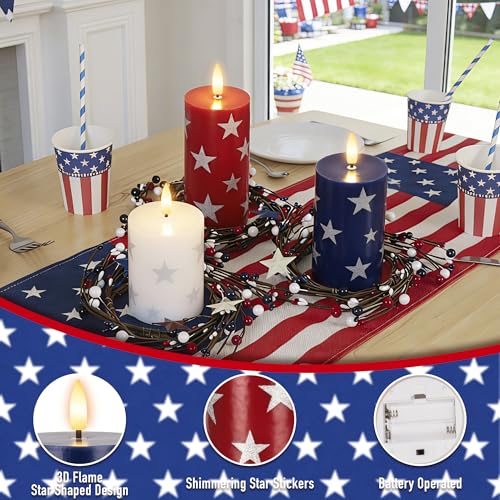 Image of JOIONE Patriotic Flameless Pillar Candles with Remote, 3 Pack Home Decor | Battery Operated, Star Sticker, Real Wax, Remote Control, Warm Flickering Glow, 4th of July Independence Day Party Decor