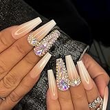 Gufonkod Pink Press on Long Coffin Bling Ballerina Acrylic Nails - 24PCS with Glue, Rhinestones, Gem Artificial Stick on Nails
