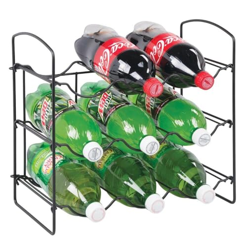 Image of Metal Water Bottle Rack Storage Organizer for Kitchen Countertops, Pantry, Fridge - Stores Wine, Beer, Pop /Soda - 3 Levels, Each Holds 9 Bottles, Free-Standing (Black)